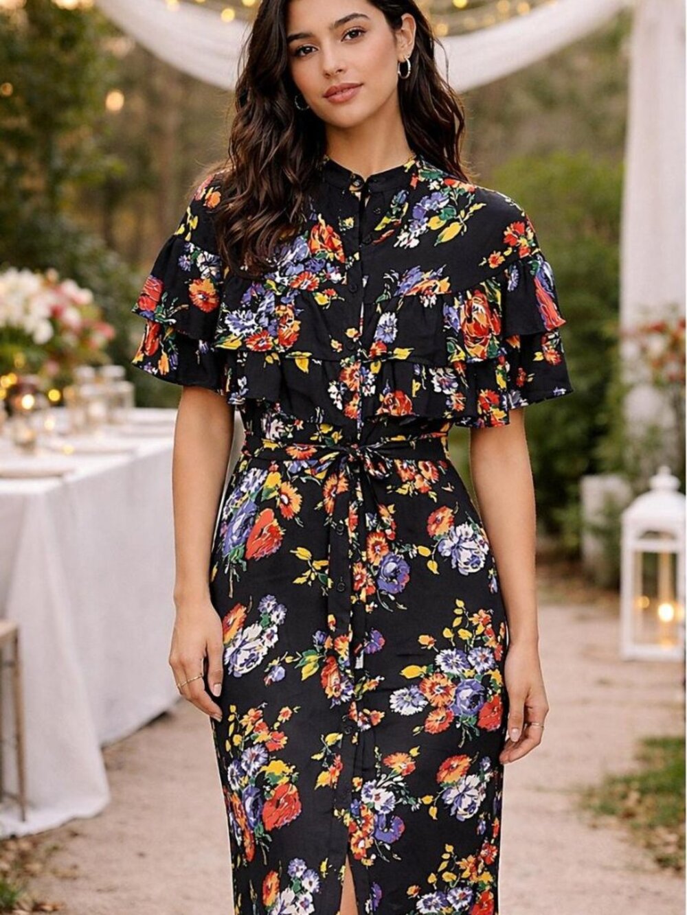 Vintage Ann Tobias Black Floral Ruffle Dress Size 8